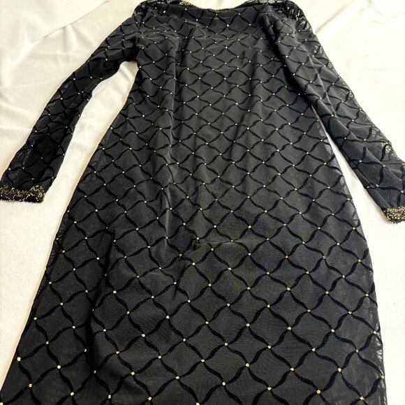 NISSA $579 Black‎ Long Sleeve Diamond Pattern, Gold Beaded Neckline Midi Dress - Picture 1 of 13